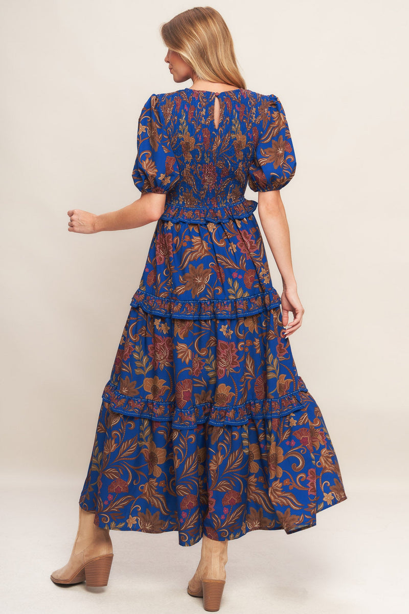 BOHEMIAN NAVY FLORAL WOVEN MIDI DRESS at Sophia's Style – SophiasStyle.com