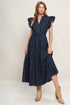 POWER DENIM GODDESS DARK INDIGO MIDI DRESS