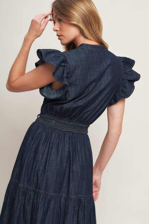 POWER DENIM GODDESS DARK INDIGO MIDI DRESS