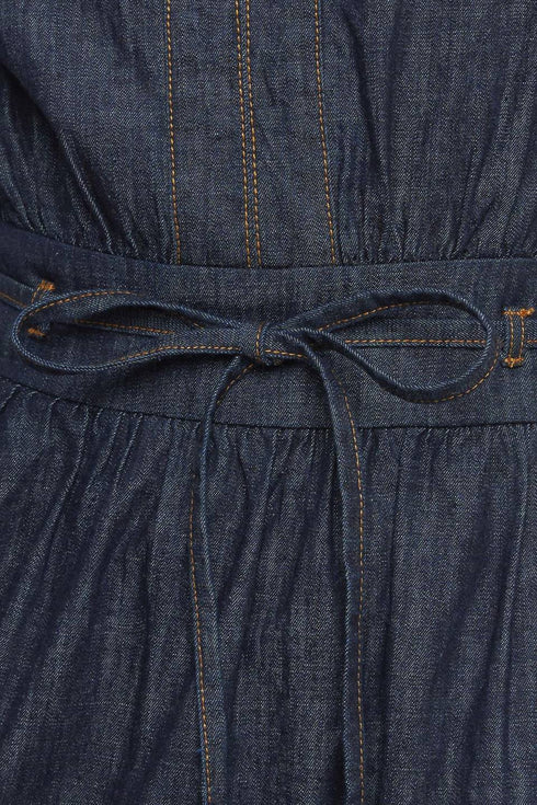 POWER DENIM GODDESS DARK INDIGO MIDI DRESS