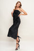 BLACK TEMPTATION WOVEN VELVET LACE MIDI DRESS