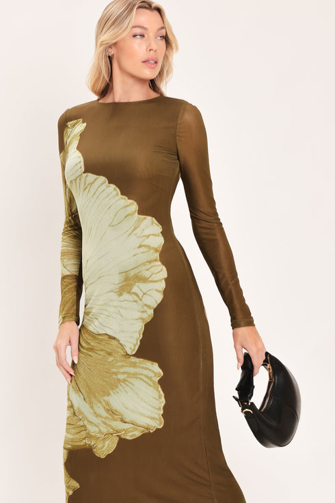 brown-blossom-contour-power-mesh-midi-dress-flying-tomato-sophias-style-2