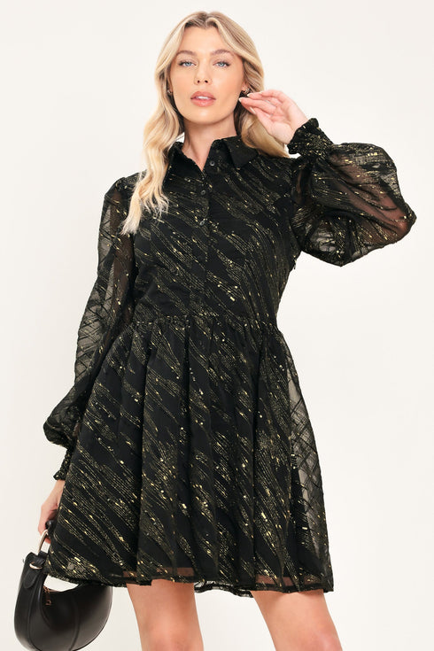 gilded-noir-black-gold-metallic-button-down-mini-dress-flying-tomato-sophias-styleDRESSES-1
