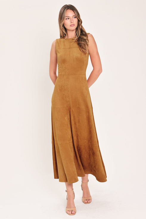 harvest-moon-camel-faux-suede-fit-flare-midi-dress-flying-tomato-sophias-style-3