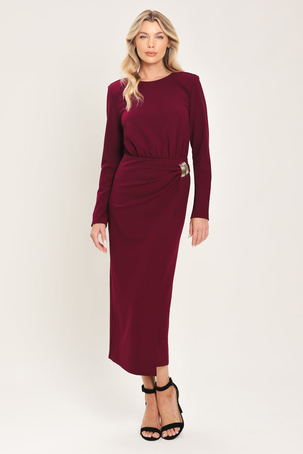 bordeaux-sculpt-burgundy-gathered-hardware-midi-dress-flying-tomato-sophias-styleDRESSES-1