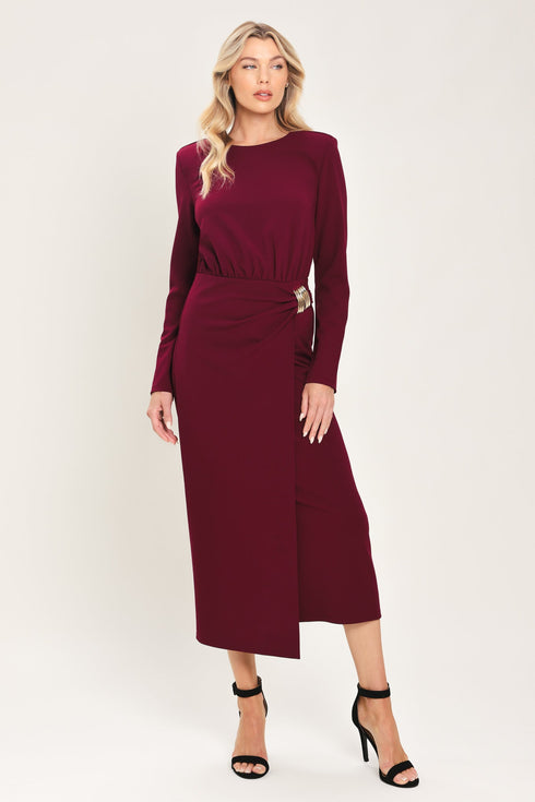 bordeaux-sculpt-burgundy-gathered-hardware-midi-dress-flying-tomato-sophias-style-3