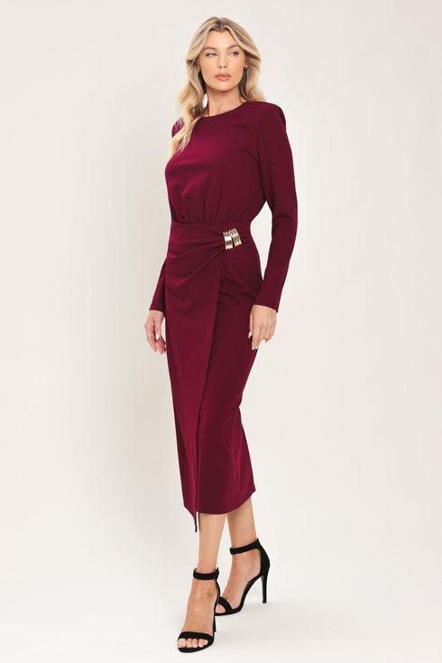 bordeaux-sculpt-burgundy-gathered-hardware-midi-dress-flying-tomato-sophias-style-5