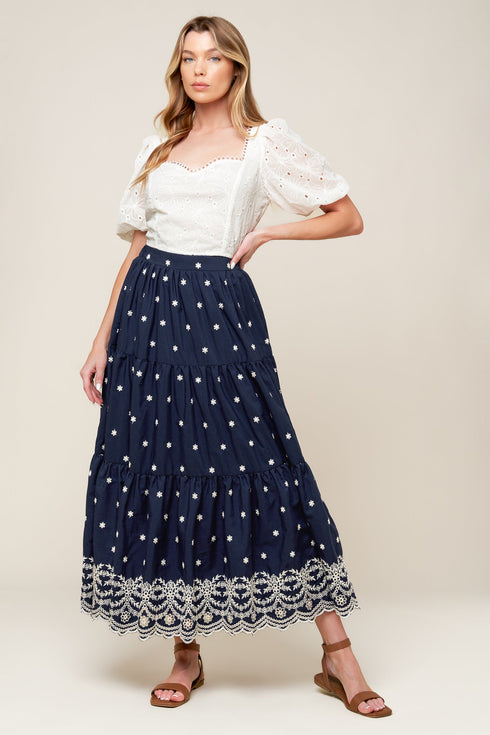 bebe-alert-navy-woven-midi-skirt Flying Tomato-Sophia's StyleSKIRTS-1