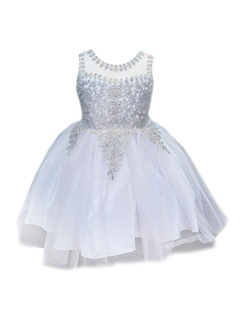 Big Girls White Embroidered Illusion Neckline Junior Bridesmaid Dress 8-18 - SophiasStyle.com