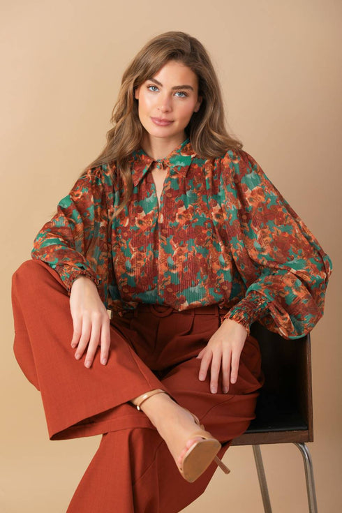 nostalgic-teal-brown-woven-top Flying Tomato-Sophia's StyleTOPS-1