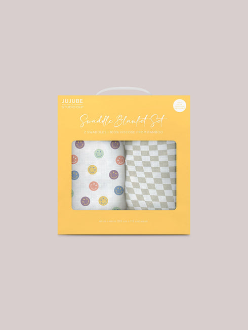 2-pack-square-swaddle-blanket-set-happy-baby-vibes jujube bags at sophiasstyle.com Swaddle Blanket Sets