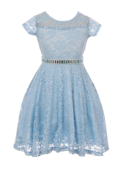 Big Girls Blue Lace Glitter Stone Belt Special Occasion Skater Dress 8-14 - SophiasStyle.com