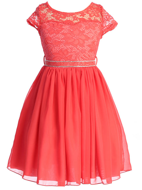 Lace and Chiffon Junior Bridesmaid Party Dress with Stone Belt, Sizes 8-14 - SophiasStyle.com
