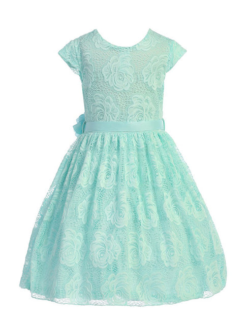 Girls Aqua Flower Border Stretch Lace Special Occasion Dress 2-14 - SophiasStyle.com
