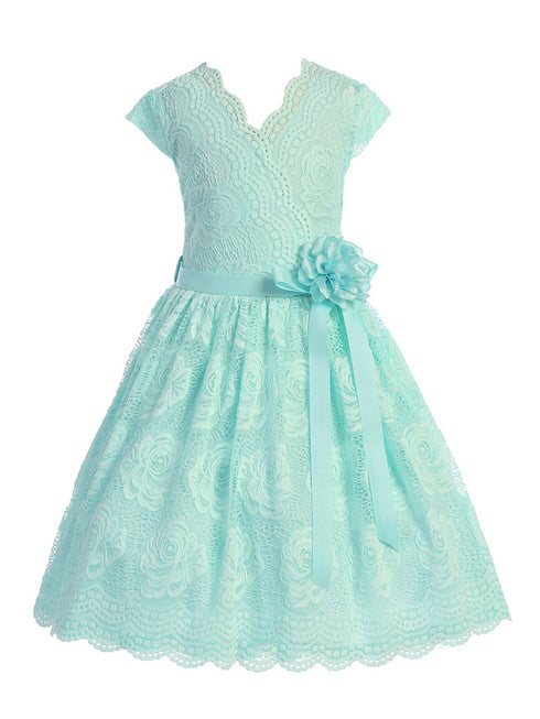 Girls Aqua Flower Border Stretch Lace Special Occasion Dress 2-14 - SophiasStyle.com