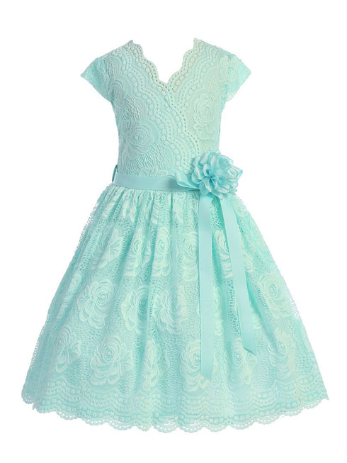 Girls Aqua Flower Border Stretch Lace Special Occasion Dress 2-14 - SophiasStyle.com