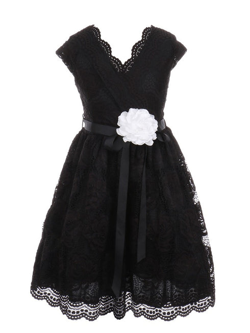 Girls Black Flower Border Stretch Lace Special Occasion Dress 2-14 - SophiasStyle.com