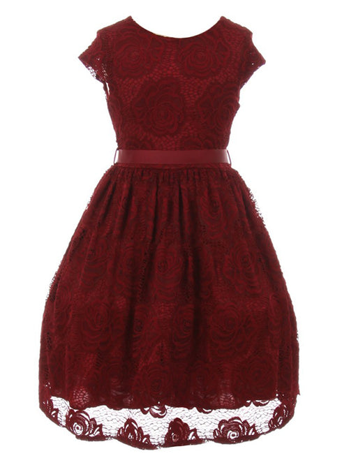Girls Burgundy Flower Border Stretch Lace Special Occasion Dress 2-14 - SophiasStyle.com
