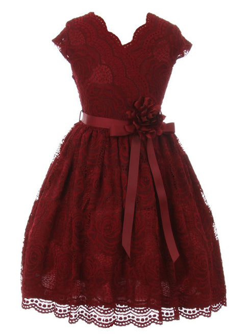 Girls Burgundy Flower Border Stretch Lace Special Occasion Dress 2-14 - SophiasStyle.com