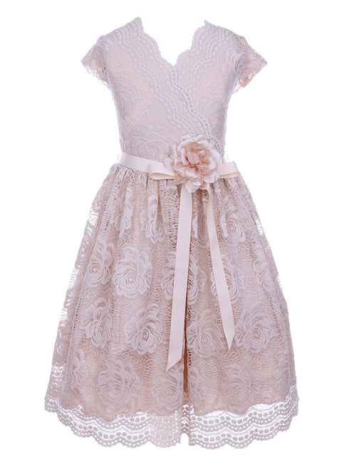 Girls Champagne Flower Border Stretch Lace Special Occasion Dress 2-14 - SophiasStyle.com