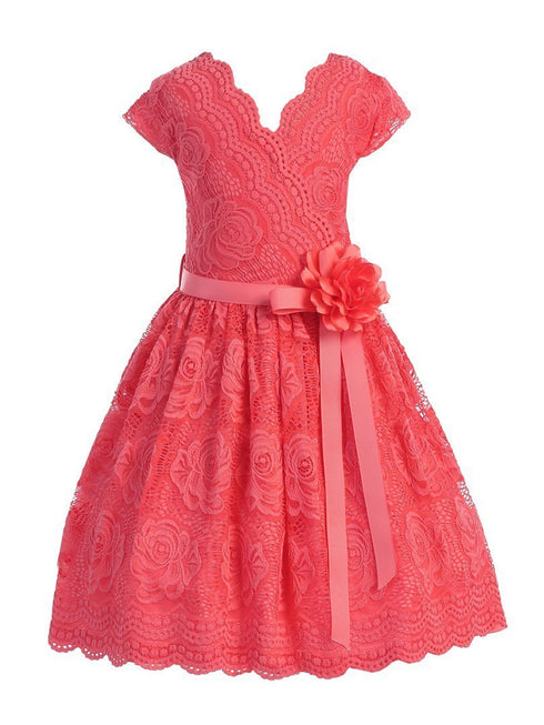 Girls Coral Flower Border Stretch Lace Special Occasion Dress 2-14 - SophiasStyle.com