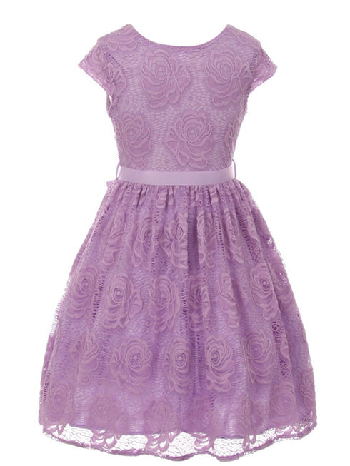 Girls Lilac Flower Border Stretch Lace Special Occasion Dress 2-14 - SophiasStyle.com