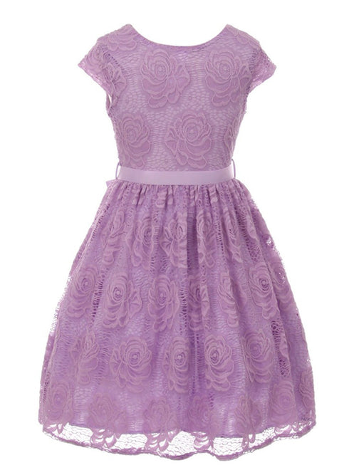 Girls Lilac Flower Border Stretch Lace Special Occasion Dress 2-14 - SophiasStyle.com