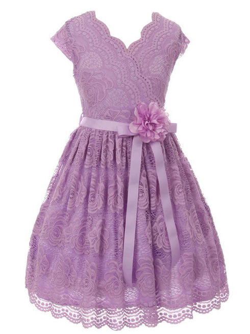 Girls Lilac Flower Border Stretch Lace Special Occasion Dress 2-14 - SophiasStyle.com