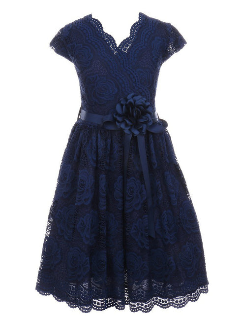 Girls Navy Flower Border Stretch Lace Special Occasion Dress 2-14 - SophiasStyle.com