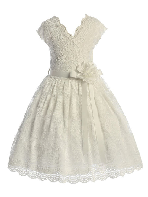 Girls Off-White Flower Border Stretch Lace Special Occasion Dress 2-14 - SophiasStyle.com