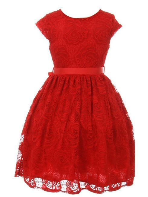 Girls Red Flower Border Stretch Lace Special Occasion Dress 2-14 - SophiasStyle.com