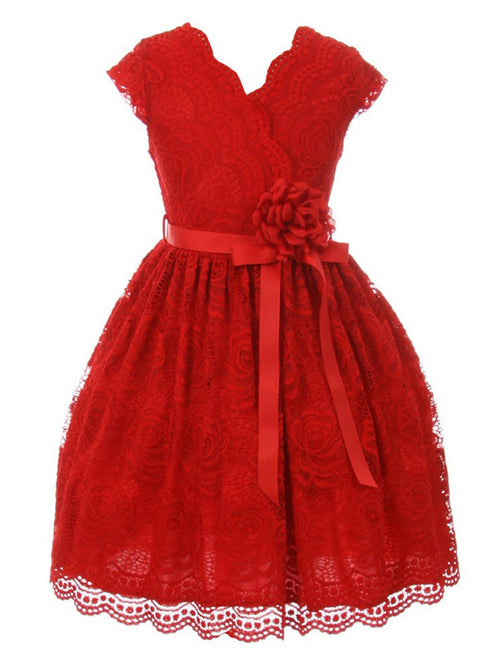 Girls Red Flower Border Stretch Lace Special Occasion Dress 2-14 - SophiasStyle.com