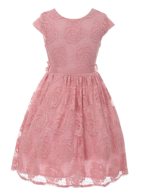 Girls Rose Flower Border Stretch Lace Special Occasion Dress 2-14 - SophiasStyle.com