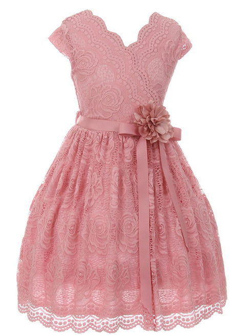 Girls Rose Flower Border Stretch Lace Special Occasion Dress 2-14 - SophiasStyle.com