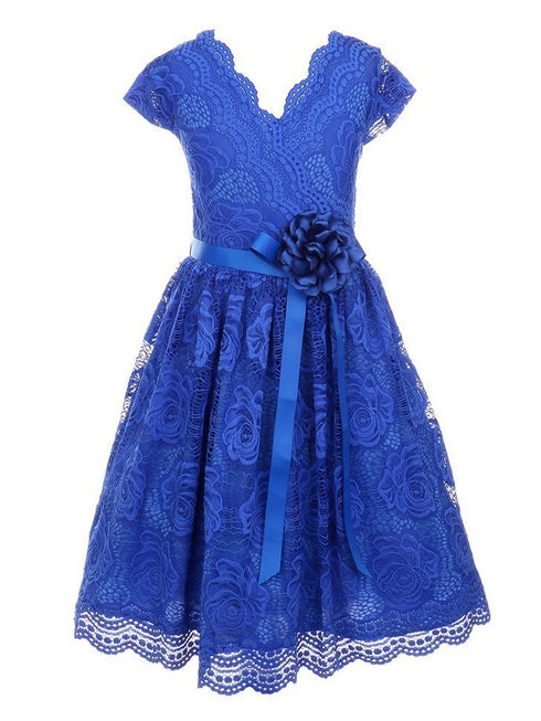 Girls Royal Blue Flower Border Stretch Lace Special Occasion Dress 2-14 - SophiasStyle.com