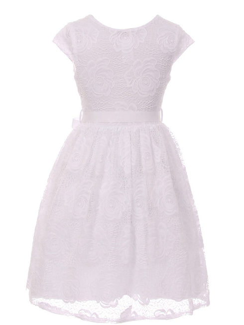 Girls White Flower Border Stretch Lace Special Occasion Dress 2-14 - SophiasStyle.com