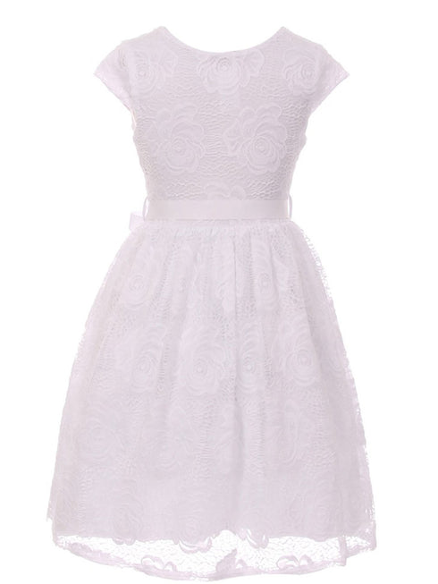 Girls White Flower Border Stretch Lace Special Occasion Dress 2-14 - SophiasStyle.com