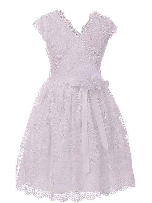 Girls White Flower Border Stretch Lace Special Occasion Dress 2-14 - SophiasStyle.com