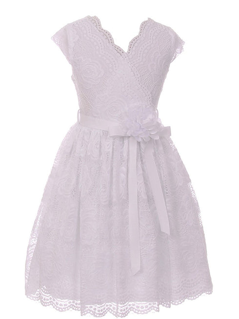 Girls White Flower Border Stretch Lace Special Occasion Dress 2-14 - SophiasStyle.com
