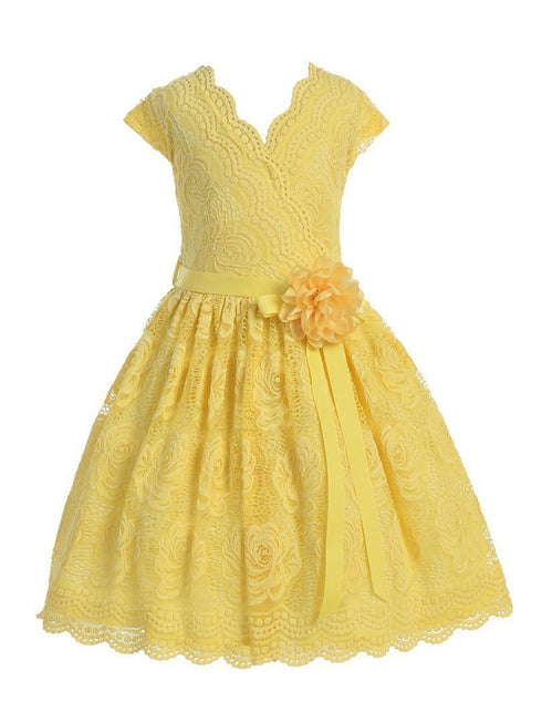 Girls Yellow Flower Border Stretch Lace Special Occasion Dress 2-14 - SophiasStyle.com