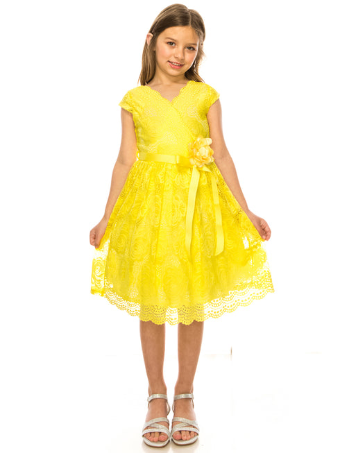 Girls Yellow Flower Border Stretch Lace Special Occasion Dress 2-14 - SophiasStyle.com