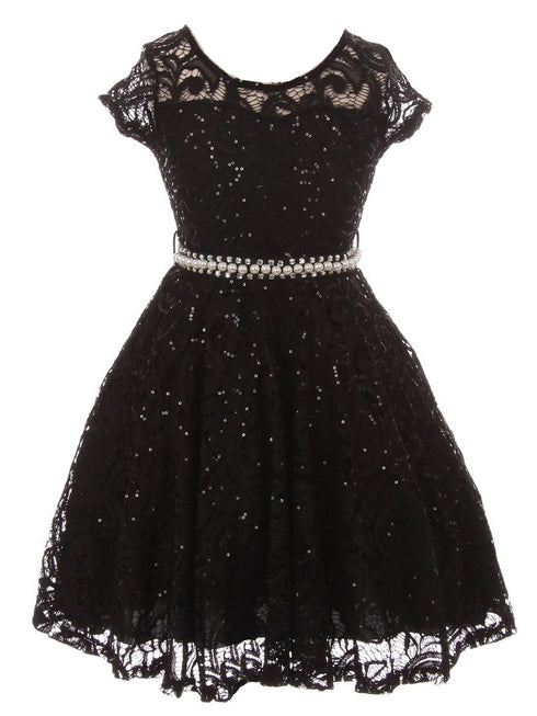 Girls Multi Color Sequin Lace Pearl Belt Skater Flower Girl Christmas Dress 2-14 - SophiasStyle.com