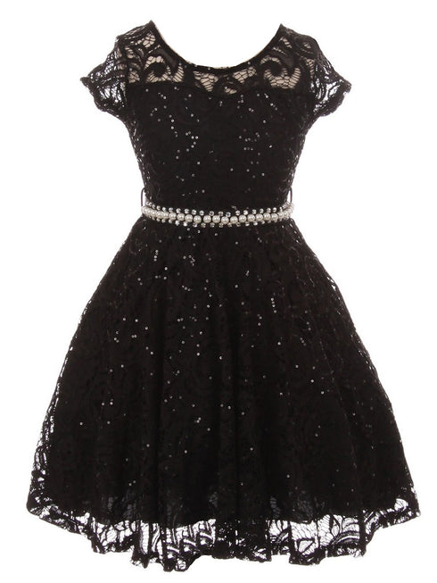 Girls Multi Color Sequin Lace Pearl Belt Skater Flower Girl Christmas Dress 2-14 - SophiasStyle.com