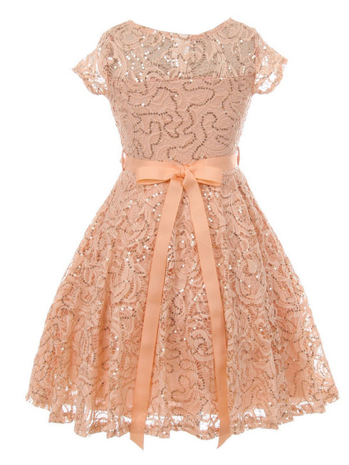 Girls Multi Color Sequin Lace Pearl Belt Skater Flower Girl Christmas Dress 2-14 - SophiasStyle.com