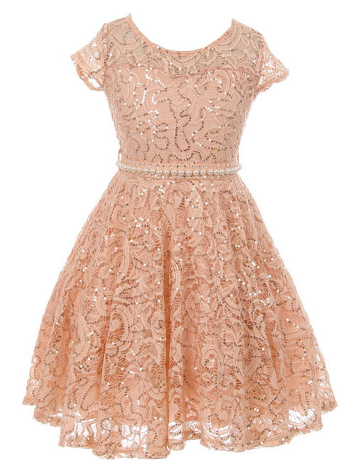 Girls Multi Color Sequin Lace Pearl Belt Skater Flower Girl Christmas Dress 2-14 - SophiasStyle.com