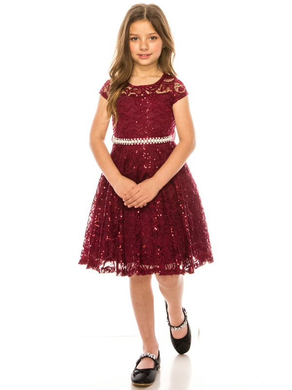 Girls Multi Color Sequin Lace Pearl Belt Skater Flower Girl Christmas Dress 2-14 - SophiasStyle.com