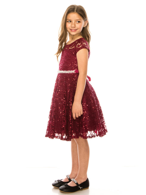 Girls Multi Color Sequin Lace Pearl Belt Skater Flower Girl Christmas Dress 2-14 - SophiasStyle.com