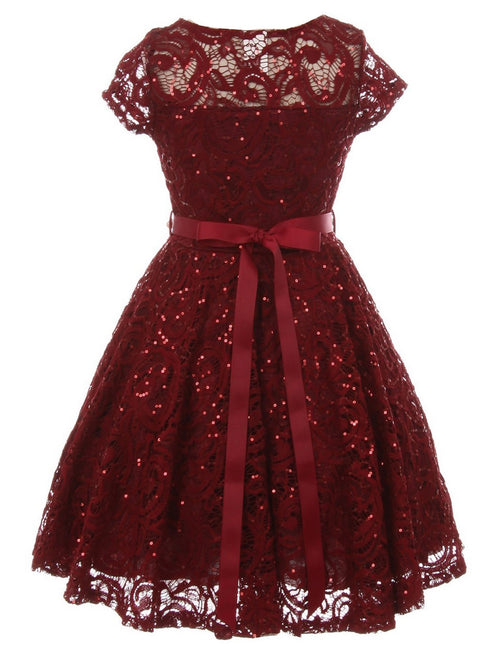 Girls Multi Color Sequin Lace Pearl Belt Skater Flower Girl Christmas Dress 2-14 - SophiasStyle.com