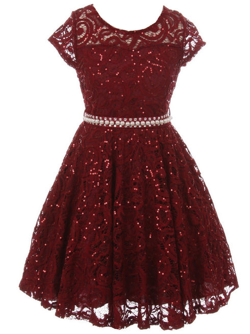 Girls Multi Color Sequin Lace Pearl Belt Skater Flower Girl Christmas Dress 2-14 - SophiasStyle.com