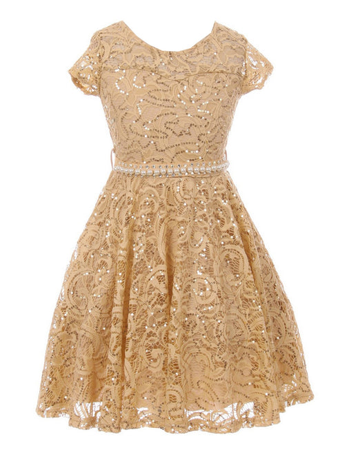 Girls Multi Color Sequin Lace Pearl Belt Skater Flower Girl Christmas Dress 2-14 - SophiasStyle.com